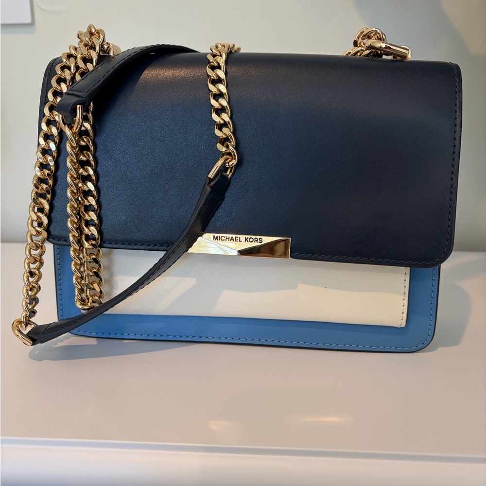 Michael Kors Black, White & Light Blue Leather Chain Shoulder Bag